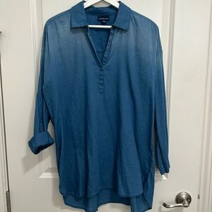 purejill INDIGO chambray 3/4 sleeve top. Two tone chambray.